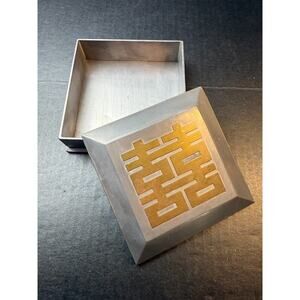 Vintage Double Happiness Pewter Metal Trinket Box with Brass Accents Solid